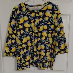 Kim Rogers Lemon Print 3/4 Sleeve Top Oversized 2X Navy & Yellow Like New Soft